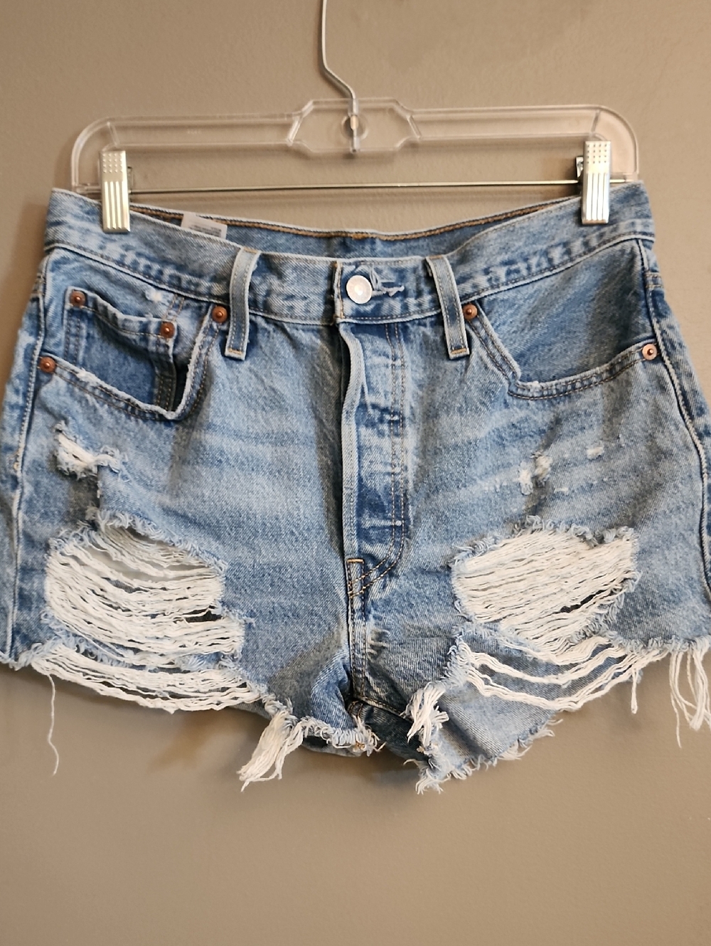 Levi 501 Light Blue Distressed High-Rise Jean Shorts